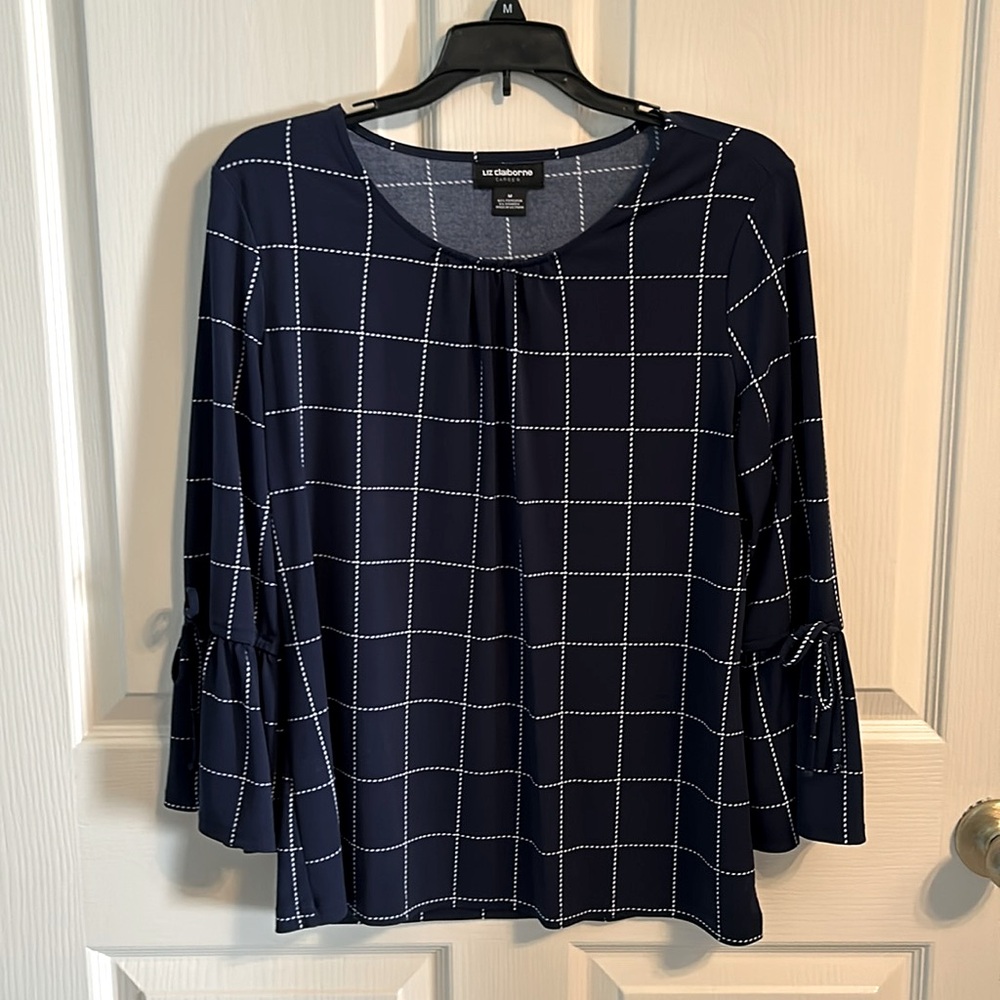 Liz Claiborne, size M, navy blue blouse with flared sleeves.